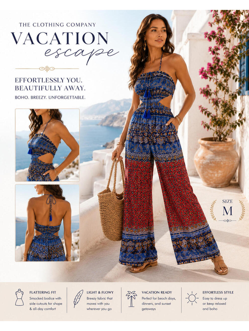The Clothing Company Boho Paisley Jumpsuit Blue Red Smocked Tassel Medium NWT